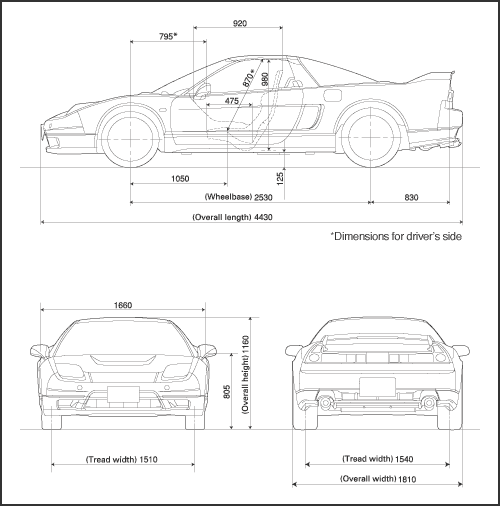 NSX Type R, tri-perspective diagram (units: mm)